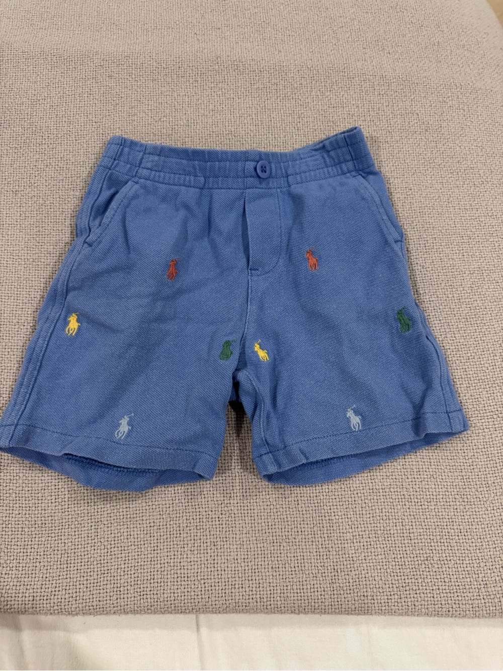 Ralph Lauren Light Blue Knit Shorts with Multicolor Polo Pony Embroidery